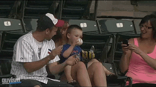 7 - Kids almost throws back a fly ball but dad stops him at the last minute.