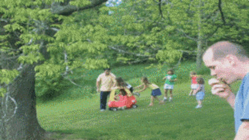 9 - Man chases after a run away baby car down a hill, stops it right before crashing into some swings.