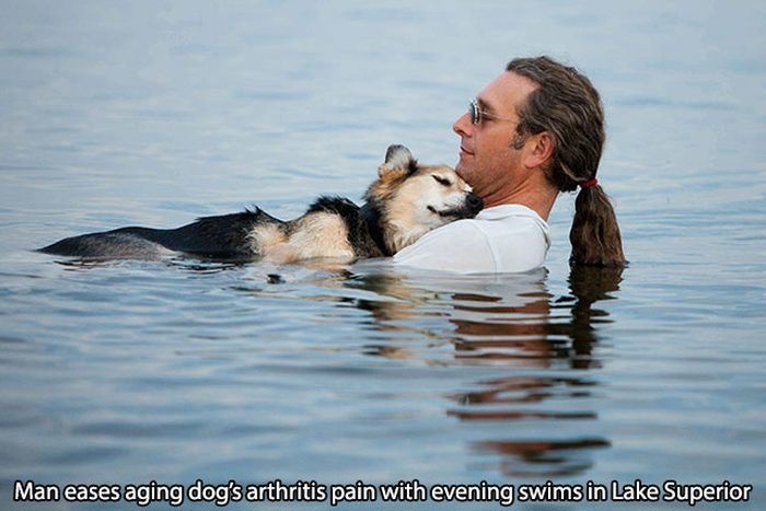 20 - A man helping his dog ease his arthritis pain.