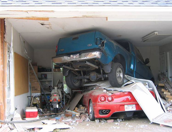 Crazy car accident in the garage. 