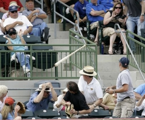 fans dodging a flying bat during a baseball game