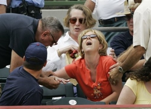 fan after getting hit with a flying baseball bat