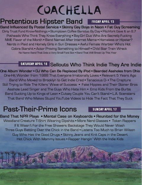 coachella 2010 lineup - Coachella Friday April 15 Pretentious Hipster Band Band Influenced By Postal Service Skinny Gay Boys in Neon Fat Guy Screaming Dirty Trust Fund KnowNothings. Stumptown Coffee Baristas By Day. Pitchfork Gave It an 8.7 Potheads Who T