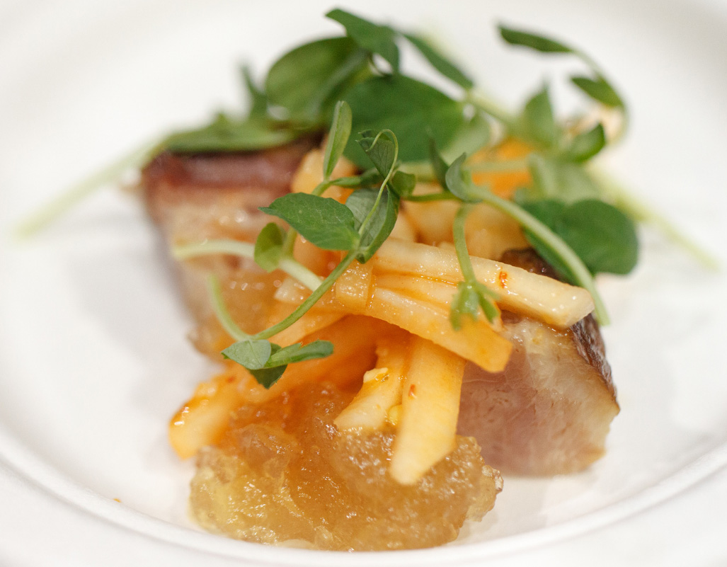 Braised Bacon Coriander Mustard and Fermented Turnip