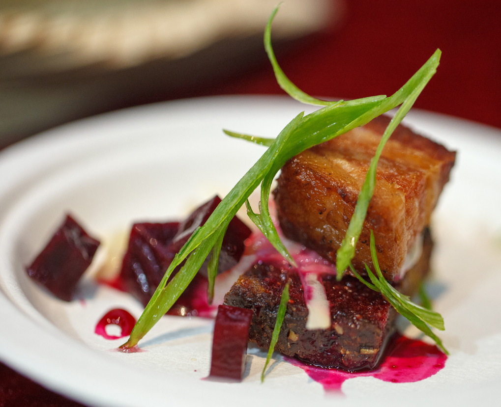 Refried Bacon Confit with Country Ham-Creamed Sauerkraut Pumpernickel Toast and Sweet and Sour Beets