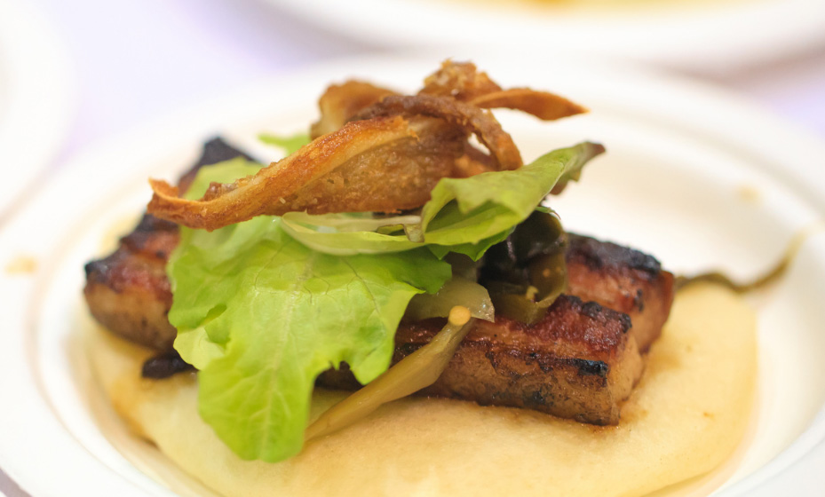 Crispy Pork Belly, Ramp Kraut, Steamed Bun, Crispy Pork Ear