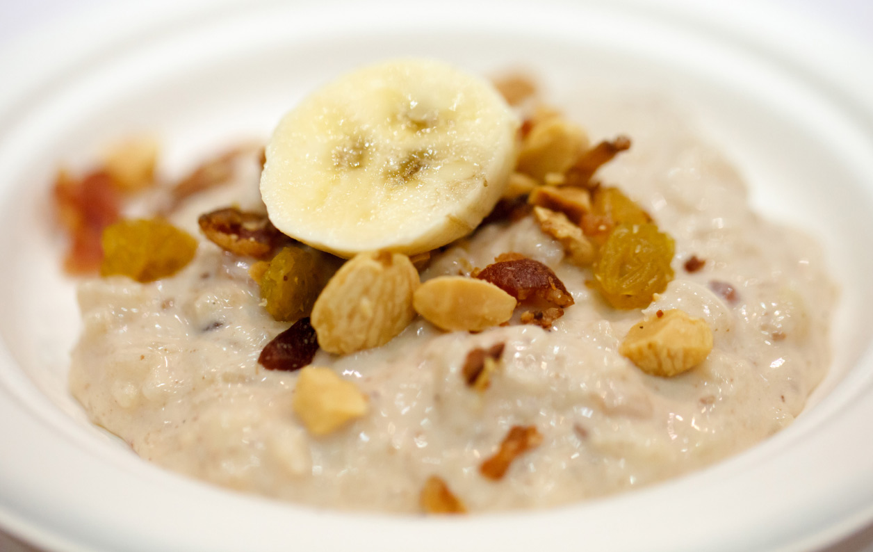 Bacon Banana Rice Pudding with Marcona Almonds and Nutella