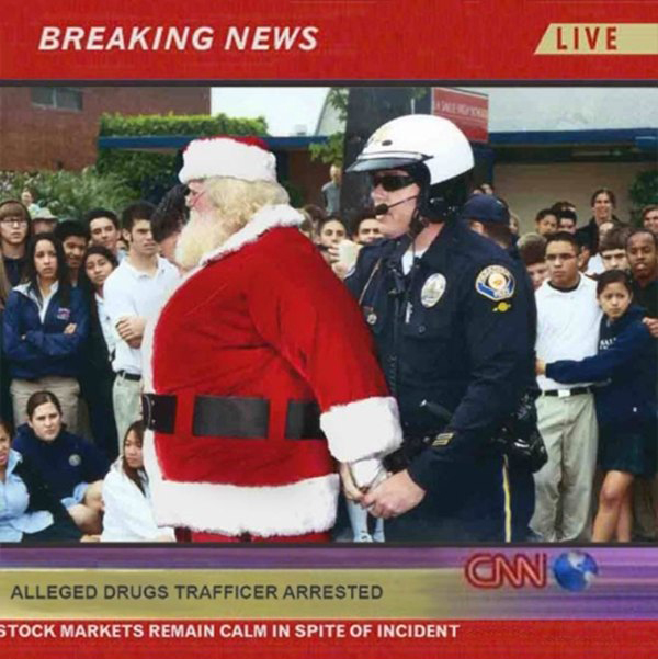 San Bernardino, California. December 24th, 2008. Santa was arrested in s drug sting by detective Mitch Flagler for dealing Bolivian marching powder, 700 lbs of marijuana, and a designer ecstasy called "Slegh Bells."