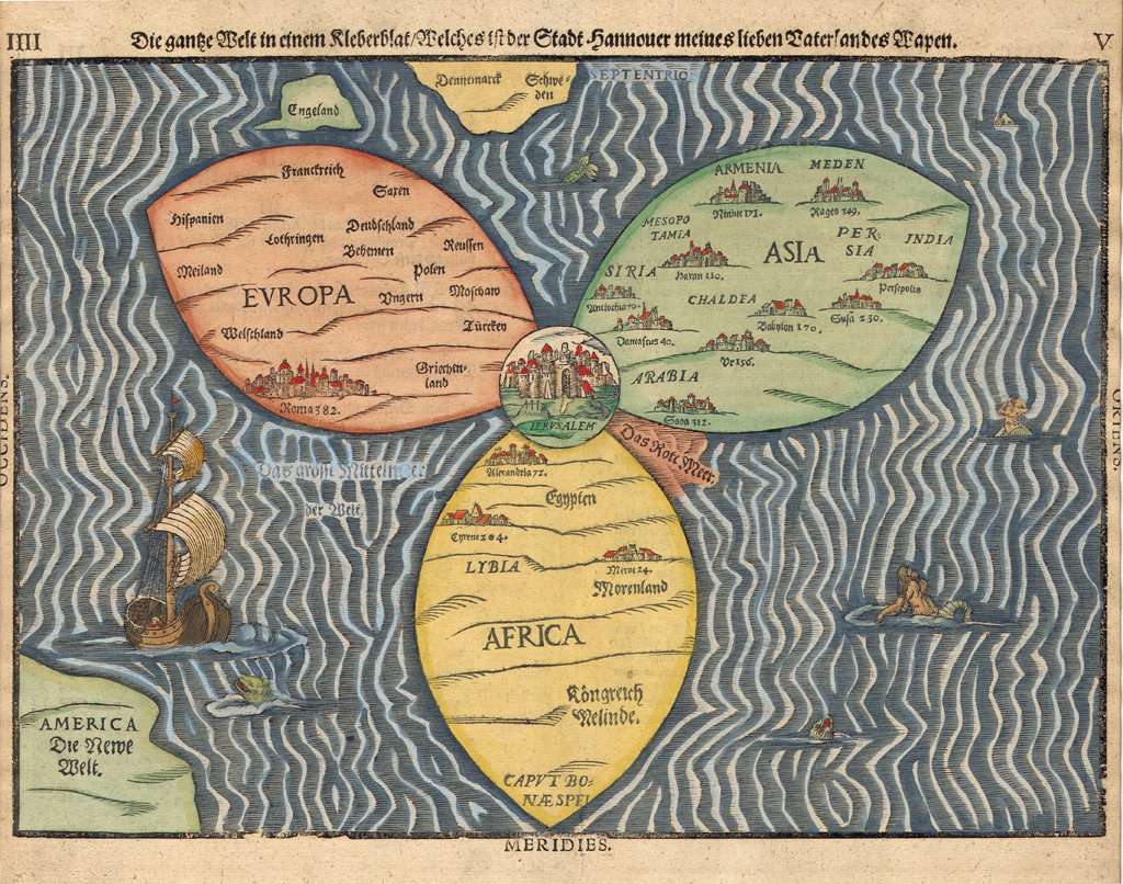 Less remarkably accurate world map from Germany, published 1581 (Bunting's World Map)