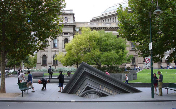"Sinking Building" outside State Library, Melbourne, Australia