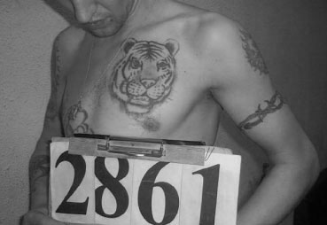 A tiger tattoo typically signifies that the bearer has killed a policeman or a prison guard.