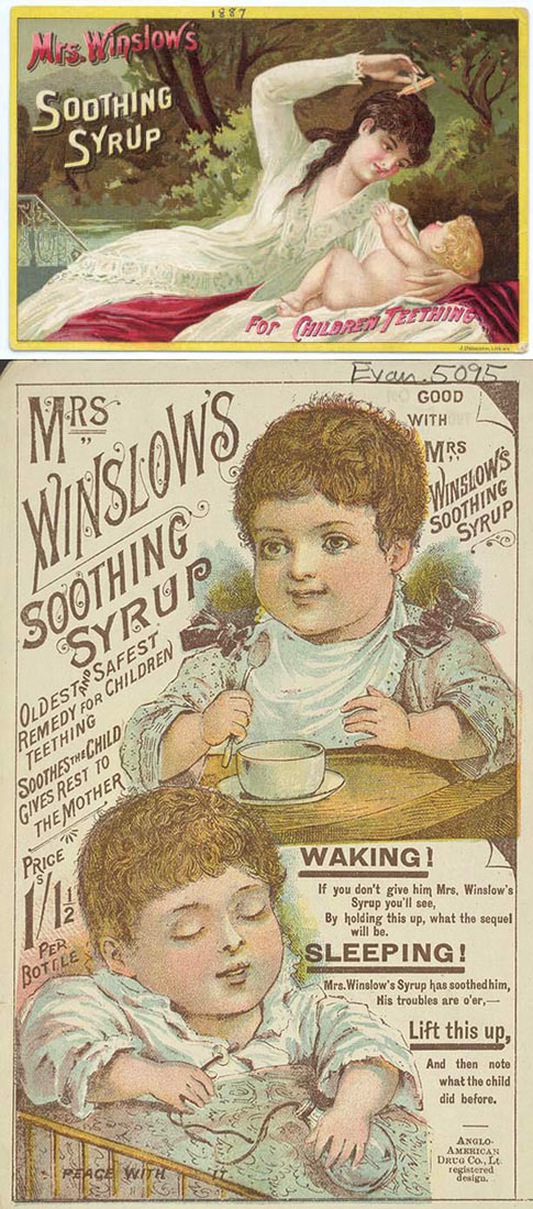 Each ounce of Mrs. Winslow's Soothing Syrup contained 65 mg of pure morphine. In 1910 the New York Times decided the whole narcotic-babysitter concept was probably bad in the long run, and ran an article pointing out that these soothing syrups contained, "...morphin sulphate, chloroform, morphine hydrochloride, codeine, heroin, powdered opium, cannabis indica," and sometimes several of them in combination.