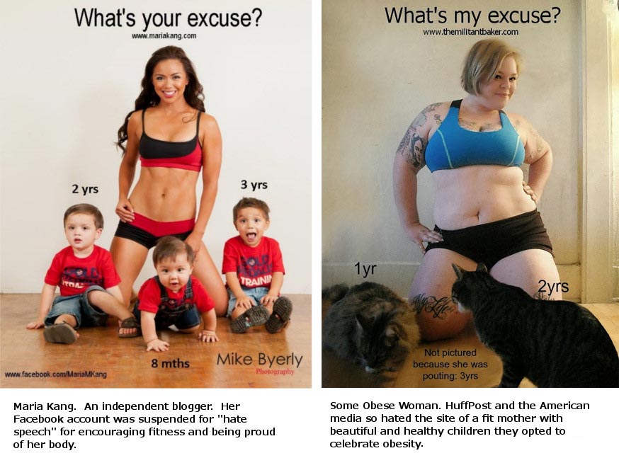 fit shaming - What's your excuse? What's my excuse? 2 yrs 3 yrs 1yr Train 2yrs 8 mths Mike Byerly Not pictured because she was pouting 3yrs Photography Maria Kang. An independent blogger. Her Facebook account was suspended for "hate speech" for encouragin
