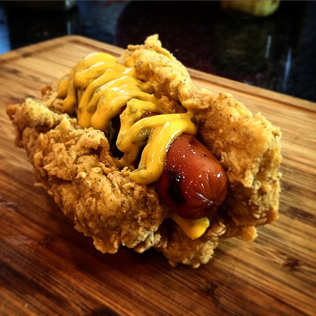 Homemade Double Down Dog: Juicy frank wrapped in crispy chicken, with jalepeno cheddar topping. Homemade version of the KFC Double Down.