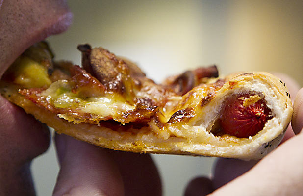 Stuffed Crust: Hot dog stuffed crust pizza. Homemade version of the Pizza Hut special.