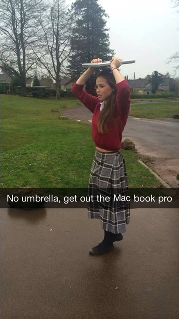 annoying kids on snapchat - No umbrella, get out the Mac book pro