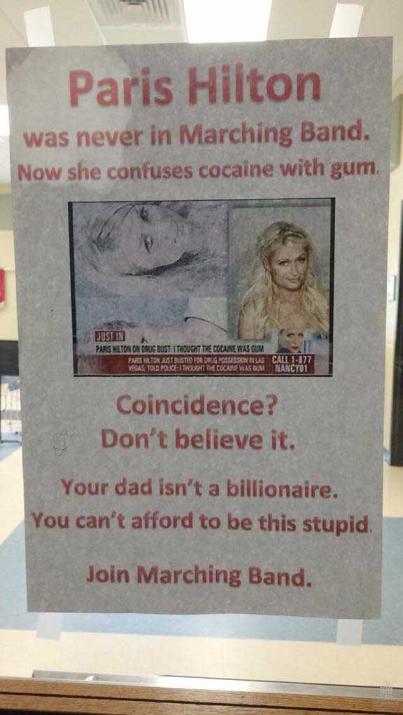 marching band cult meme - Paris Hilton was never in Marching Band. Now she confuses cocaine with gum, Just Pars Milton On Drug Bust I Thought The Cocaine Was Gum Paes Hilton Just Sustio Forrig Possessionnlas Vecas Told Police I Thout He Cocane Wasgm Call 