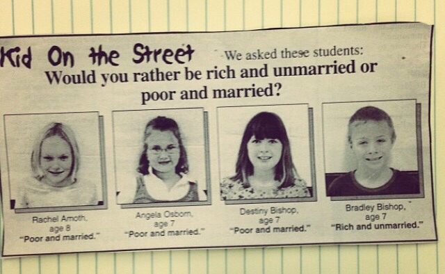 rich and unmarried - Kid On the Street We asked these students We asked these students Would you rather be rich and unmarried or poor and married? Rachel Amoth age 8 "Poor and married. Angela Osbom "Poor and married." Destiny Bishop "Poor and married. age