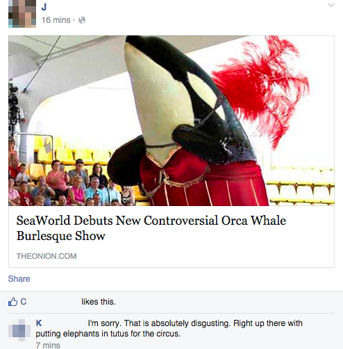 literally unbelievable seaworld - 16 mins. SeaWorld Debuts New Controversial Orca Whale Burlesque Show Theonion.Com oc this. I'm sorry. That is absolutely disgusting. Right up there with putting elephants in tutus for the circus. 7 mins