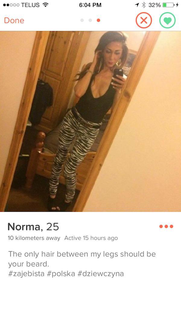 tinder - .000 Telus 1 32%D4 Done Norma, 25 10 kilometers away Active 15 hours ago The only hair between my legs should be your beard.