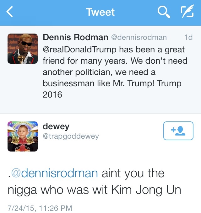 shawn mendes insensitive tweets - Tweet Qe Dennis Rodman 1d Trump has been a great friend for many years. We don't need another politician, we need a businessman Mr. Trump! Trump 2016 dewey . aint you the nigga who was wit Kim Jong Un 72415,