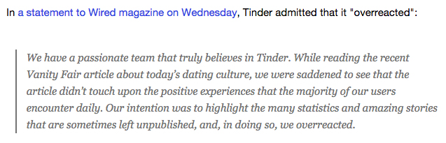 Tinder later admitted that it "overreacted."