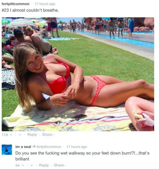 funny picture of girl posing in bikini, probably for attention, and someone is amazed by the wet walkway along the pool so that your feet don't burn