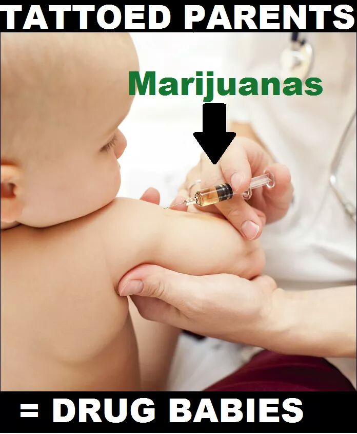 dank meme of kid getting a shot with "marijuanas" as the parents are clearly giving drugs since they have tattoos