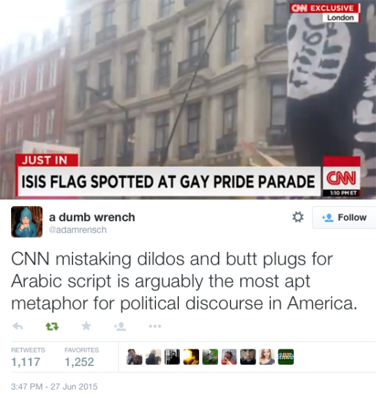 dildo isis flag cnn - On Exclusive London Just In Isis Flag Spotted At Gay Pride Parade Can Et a dumb wrench Cnn mistaking dildos and butt plugs for Arabic script is arguably the most apt metaphor for political discourse in America. Favorites 1,117 1,252 
