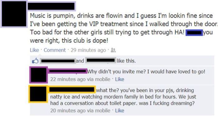 called out on facebook - Music is pumpin, drinks are flowin and I guess I'm lookin fine since I've been getting the Vip treatment since I walked through the door. Too bad for the other girls still trying to get through Ha! you were right, this club is dop