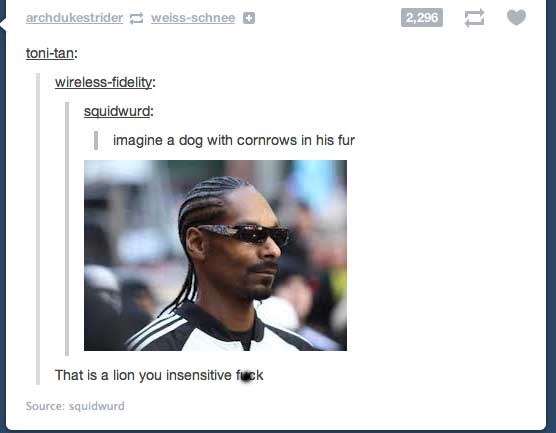 tumblr - funny tumblr hilarious - archdukestrider weissschnee 2,296 tonitan wirelessfidelity squidwurd imagine a dog with cornrows in his fur That is a lion you insensitive fuck Source squidwurd
