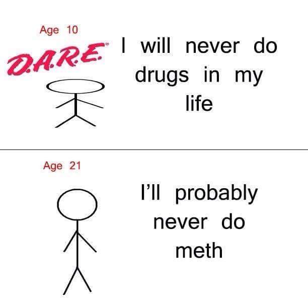 if someone offers you drugs say thank you - Age 10 De I will never do drugs in my life Age 21 Ok I'll probably never do meth