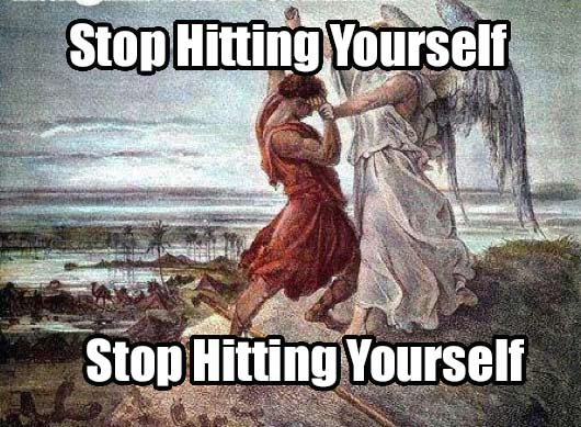 Brutal dank and offensive meme of a religious artwork captioned as 'stop hitting yourself'.