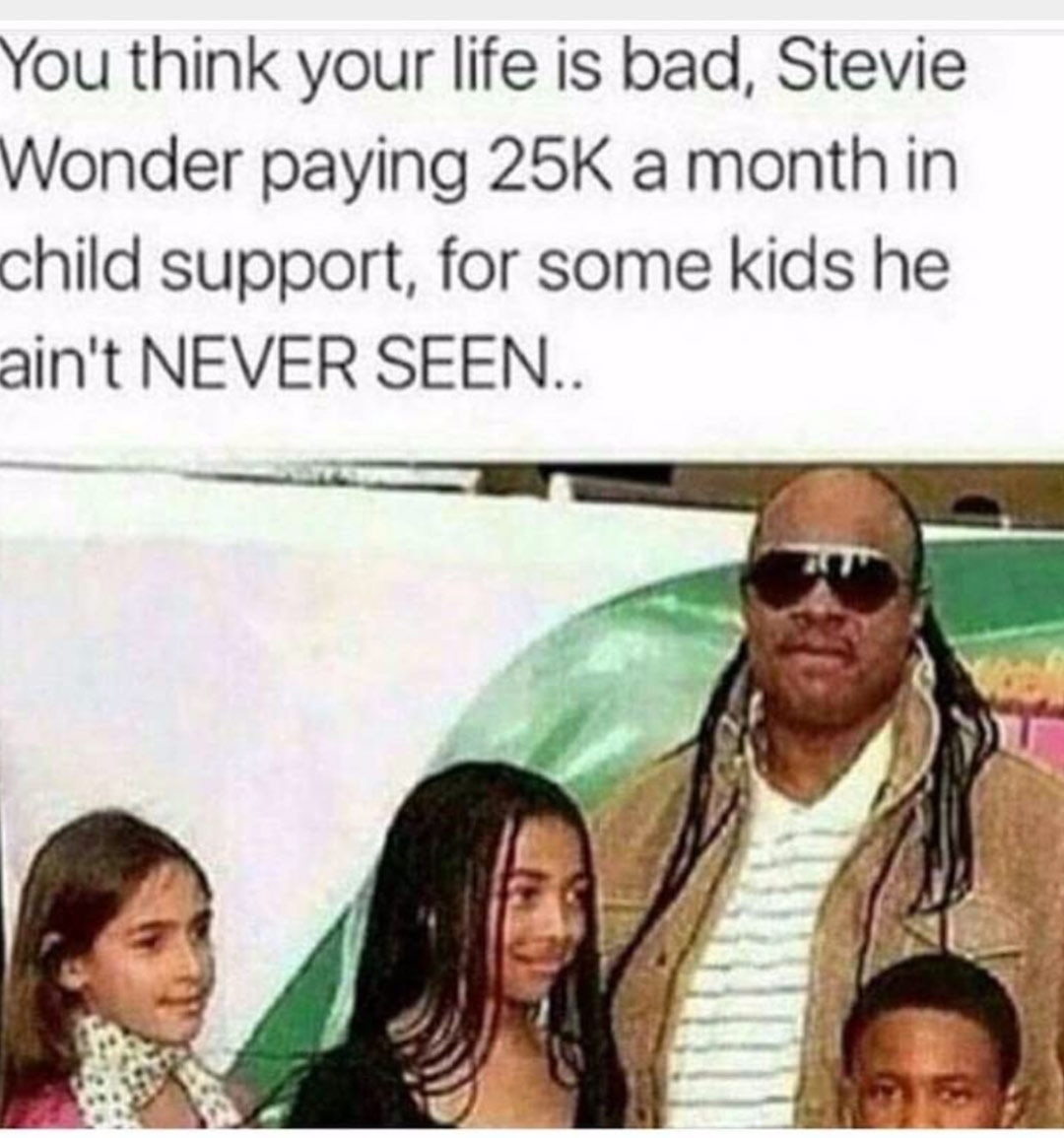 memes - stevie wonder kids meme - You think your life is bad, Stevie Wonder paying 25K a month in child support, for some kids he ain't Never Seen..