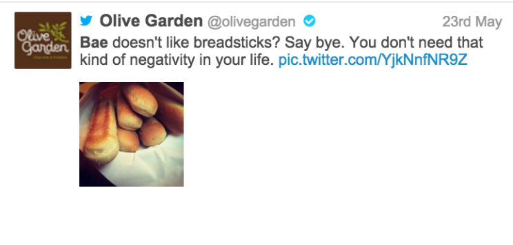 hand - Olive Garden y Olive Garden 23rd May Bae doesn't breadsticks? Say bye. You don't need that kind of negativity in your life. pic.twitter.comYjkNnfNR9Z