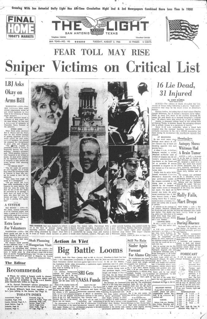 On August 1st 1966, Charles Whitman, former US Marine and engineering student at the University of Texas, killed his wife and mother in their homes and later that day, he brought a number of guns, including rifles, a shotgun, and handguns, to the campus of the University of Texas at Austin where, in just about 90-minute minute period, he killed 15 people and wounded 32 others.