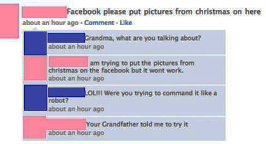 facebook - Facebook please put pictures from christmas on here about an hour ago Comment Grandma, what are you talking about? about an hour ago I am trying to put the pictures from Christmas on the facebook but it wont work. about an hour ago Lolii Were y