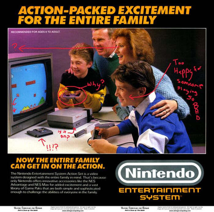 nintendo advertisement - ActionPacked Excitement For The Entire Family Recommended For Ages To Adult Happy ofer someone Playing on !!!? Now The Entire Family Can Get In On The Action, The Nintendo Entertainment System Action Set is a video system deskmed 