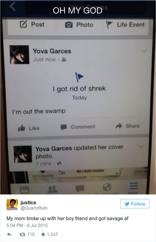 savage text post - Oh My God Photo Post Life Event Yova Garces Just now. I got rid of shrek Today I'm out the swamp Comment Yova Garces updated her cover photo. 7 mins. justice y My mom broke up with her boy friend and got savage af 47 715 1,537