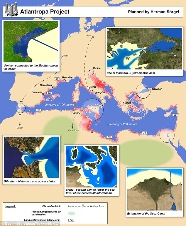 The idea was the brainchild of German architect, Herman Sörgel. Sorgel's idea involved a series of dams, which would convert the sea into two basins which would give a total of 254,900 square miles of new land between northern Africa and Europe. He hoped to create world peace by giving control of the dams to an independent body, which could switch off power to threatening countries