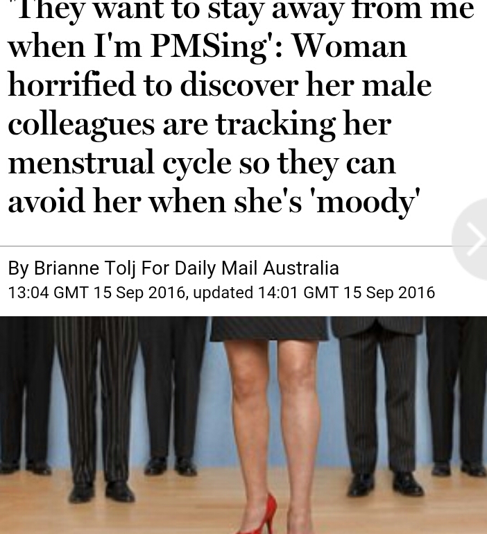 shoulder - "They want to stay away from me when I'm PMSing' Woman horrified to discover her male colleagues are tracking her menstrual cycle so they can avoid her when she's 'moody' By Brianne Tolj For Daily Mail Australia Gmt , updated Gmt