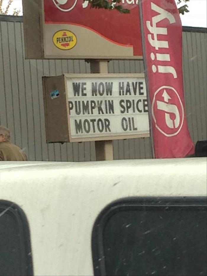 Humour - Perkzee Ja jiffy We Now Have Pumpkin Spic Motor Oil