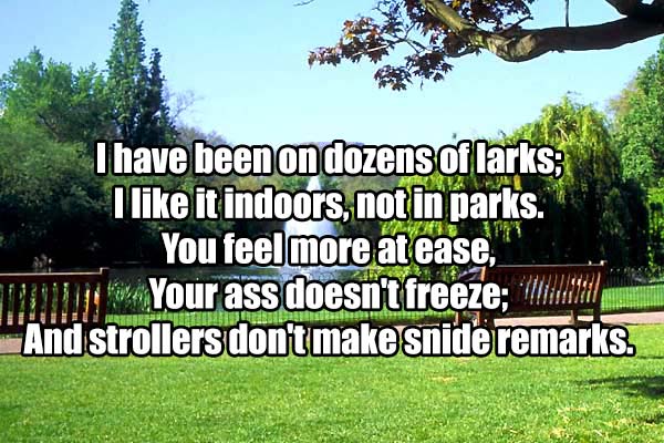 dirty limericks - We I have been on dozens of larks; I it indoors, not in parks. You feel more at ease, T u KiYour ass doesn't freeze; Stam "And strollers don't make snide remarks. List