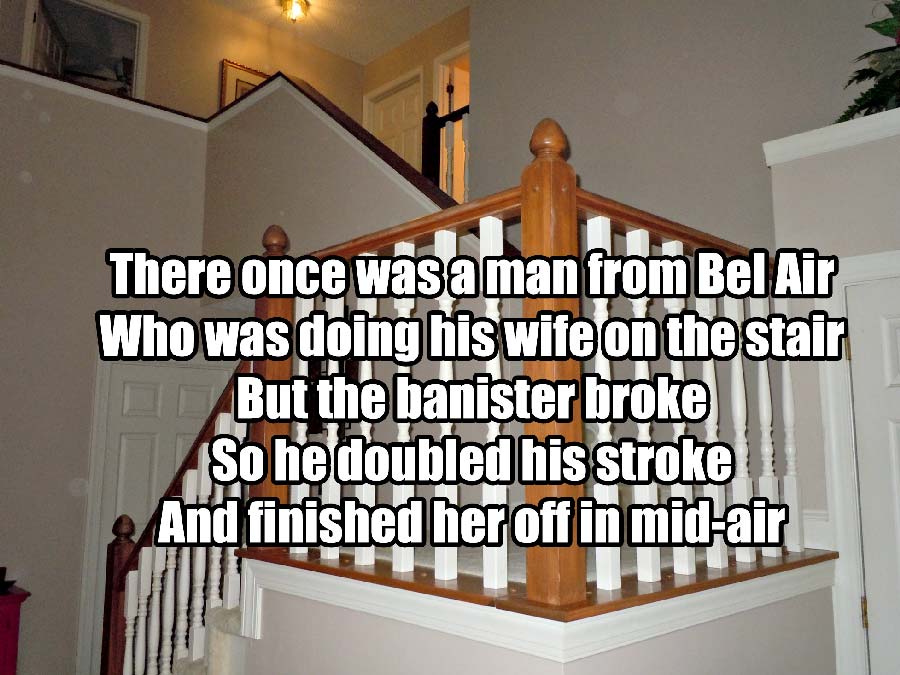 dirty limerick poem - There once was a man from Bel Air Who was doing his wife on the stair But the banister broke So he doubled his stroke And finished her off in midair