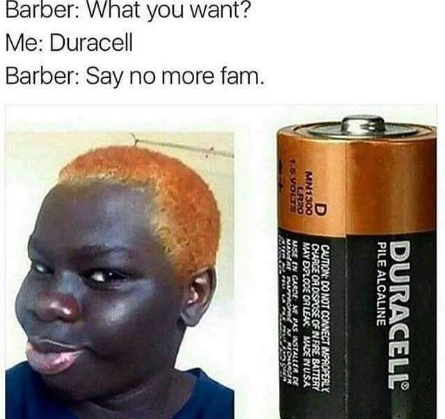 memes - duracell memes - Duracell Pile Alcaline D MN1300 Lreo Caution Do Not Connect Impaoperly QAace Oa Ospose Of N Fre Battery May Eploce Or Leak Wae Nusa Mse En Garden Jus Installer De Manca Anatomaiorsr Barber What you want? Barber Say no more fam. Me