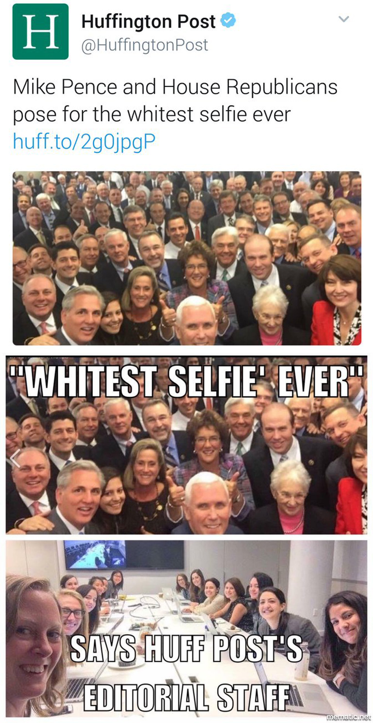 cool muh diversity meme - H Huffington Post Post Mike Pence and House Republicans pose for the whitest selfie ever huff.to2g0jpgP "Whitest Selfie' Ever" Says Huff Post'S Editorial Staffa