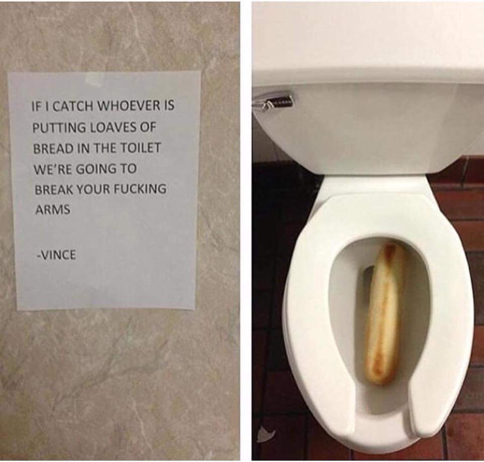 funny toilet - If I Catch Whoever Is Putting Loaves Of Bread In The Toilet We'Re Going To Break Your Fucking Arms Vince