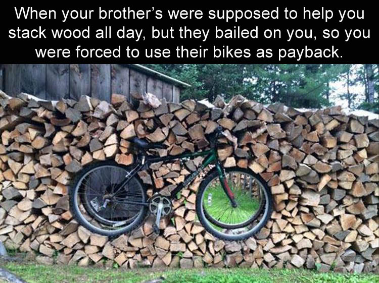 When your brother's were supposed to help you stack wood all day, but they bailed on you, so you were forced to use their bikes as payback.