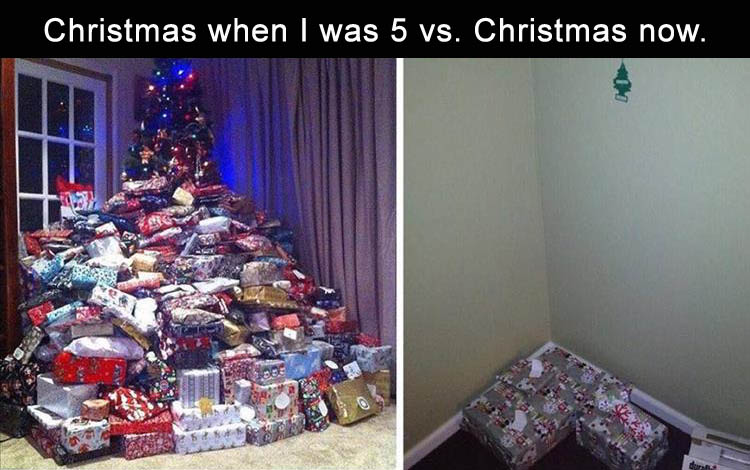 too many christmas presents - Christmas when I was 5 vs. Christmas now.