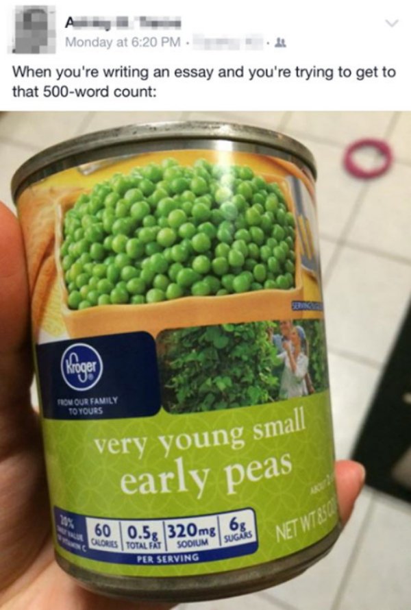 memes - very young small early peas meme - Monday at When you're writing an essay and you're trying to get to that 500word count Ton Our Family To Yours very young small early peas 60 10.5320mg 6NETW Per Serving